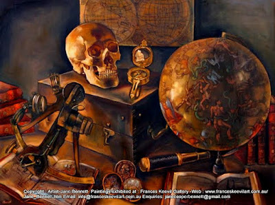still life vanitas oil painting of maps, hourglass, compass, telescope, maps, skull  & other antique navigation instruments by heritage artist Jane Bennett